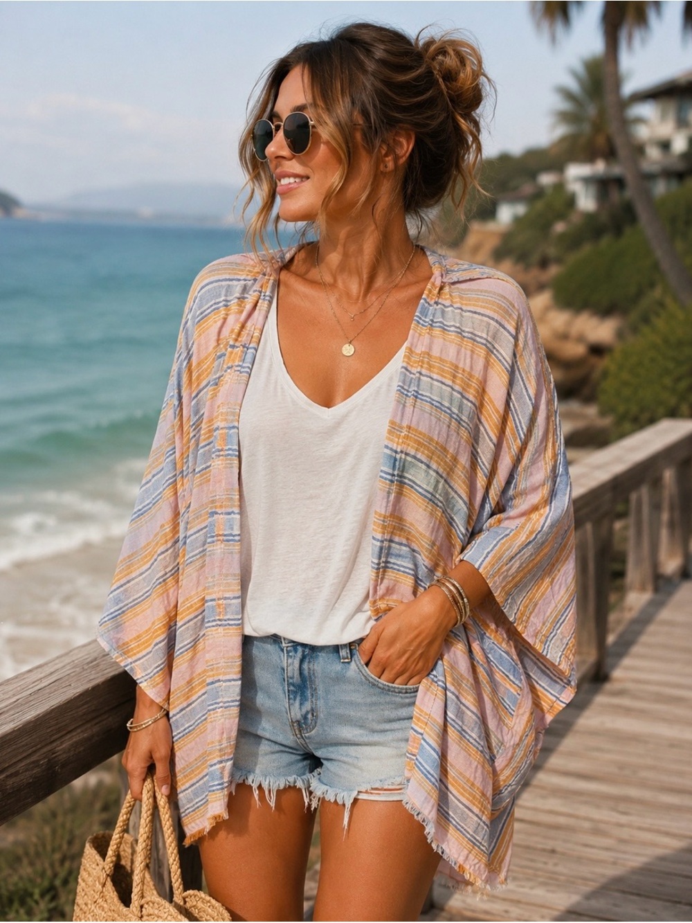 Francesca's Collections Striped Kimono Cardigan - Peach, Gray, White